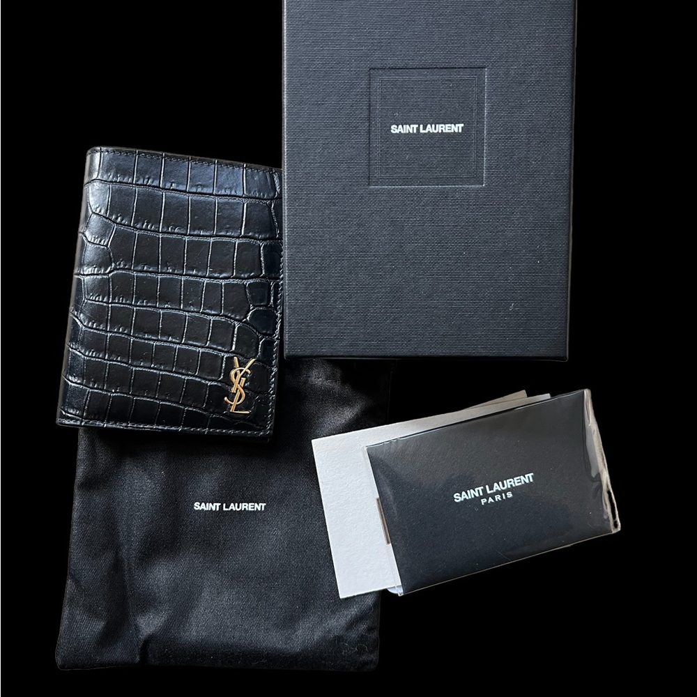 Saint Laurent Croc Embossed and Calf Leather Wallet with Gold YSL Monogram